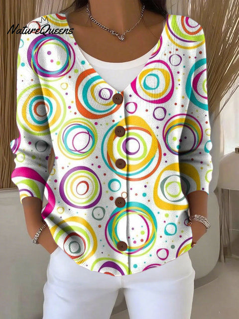 Gradient Colors Print Buttoned V-neck Cardigan Sweater