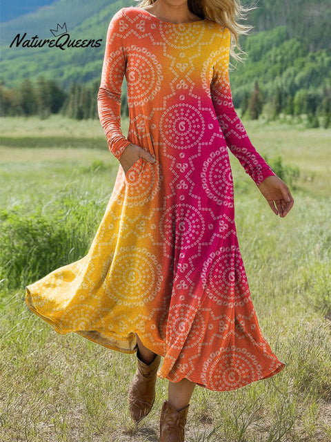 Women's Gradient Color Art Print Long-sleeved Dress