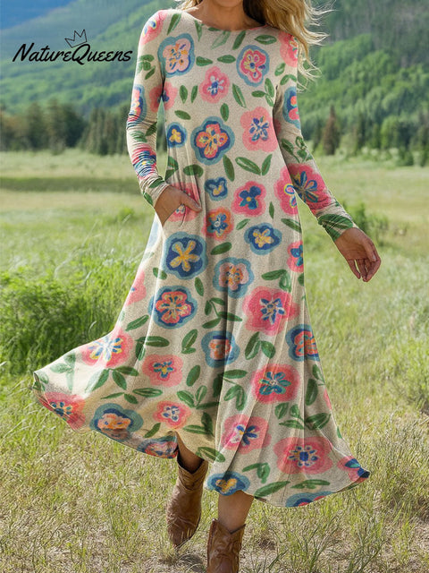 Women's Retro Flower Pattern Art Print Long-sleeved Dress