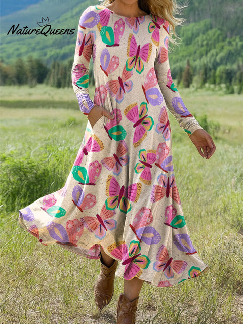Women's Butterfly Retro Flower Pattern Art Print Long-sleeved Dress