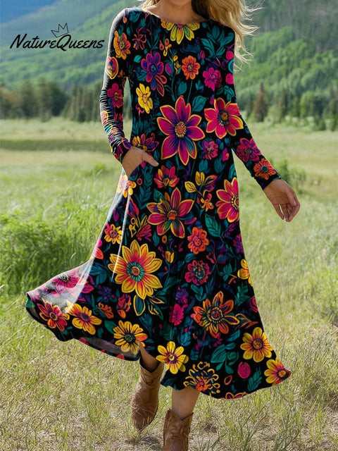 Women's Flowers Floral Art Print Long-sleeved Dress