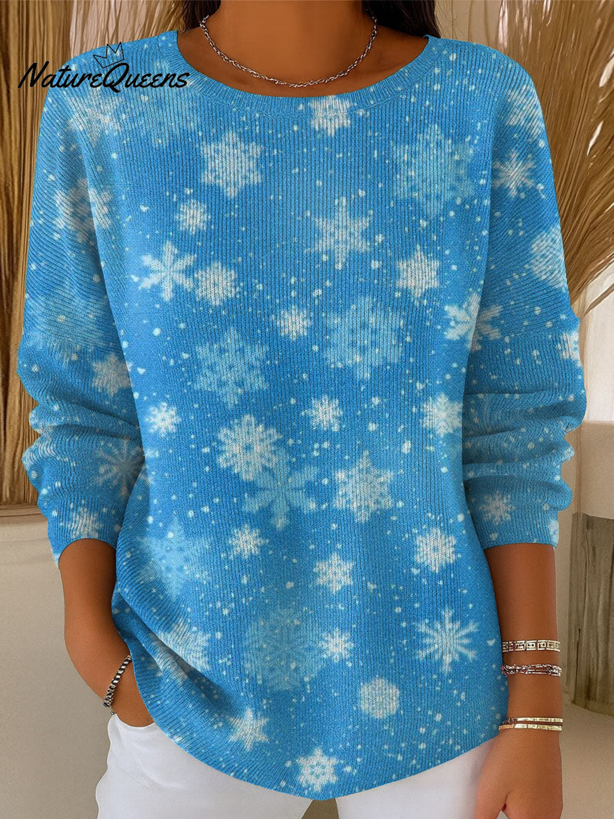Women's Vintage Christmas Snowflake Pattern Art Print Casual Pullover Sweater