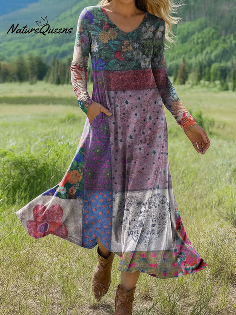 Women's Boho Floral Print Art Print Long-sleeved Dress
