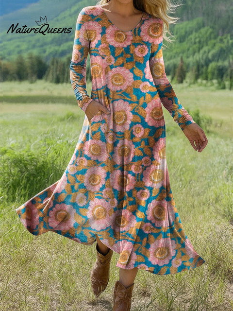 Women's Boho Floral Print Art Print Long-sleeved Dress