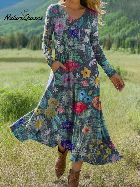 Women's Boho Floral Print Art Print Long-sleeved Dress