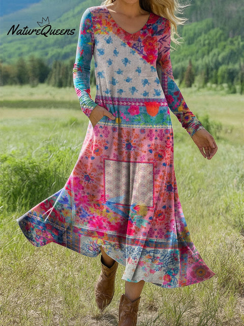 Women's Boho Floral Print Art Print Long-sleeved Dress