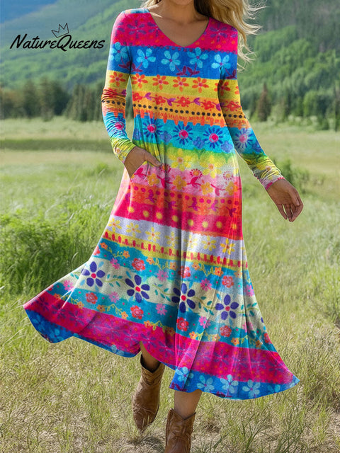 Women's Boho Floral Print Art Print Long-sleeved Dress