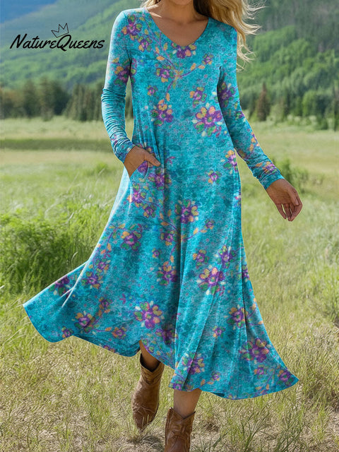 Women's Boho Floral Print Art Print Long-sleeved Dress