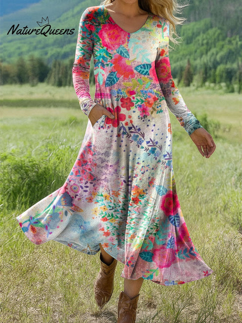 Women's Boho Floral Print Art Print Long-sleeved Dress