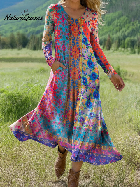 Women's Boho Floral Print Art Print Long-sleeved Dress