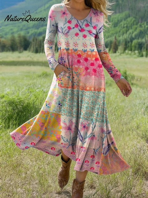 Women's Boho Floral Print Art Print Long-sleeved Dress