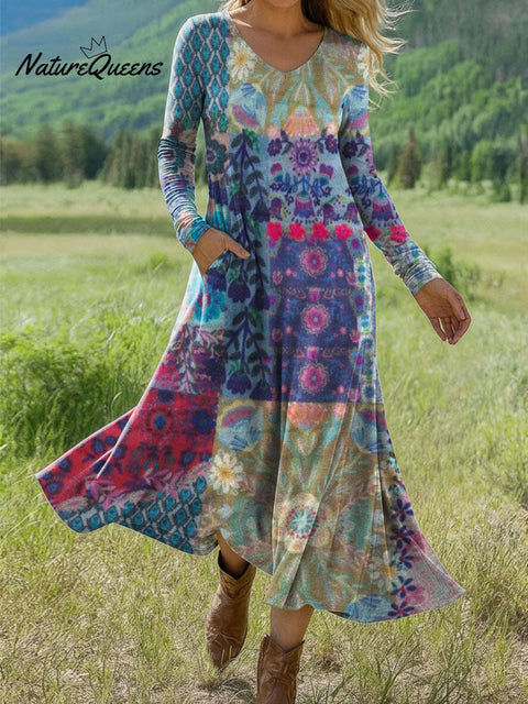 Women's Boho Floral Print Art Print Long-sleeved Dress