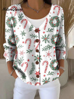 Christmas Candy Tree Print Buttoned V-neck Cardigan Sweater