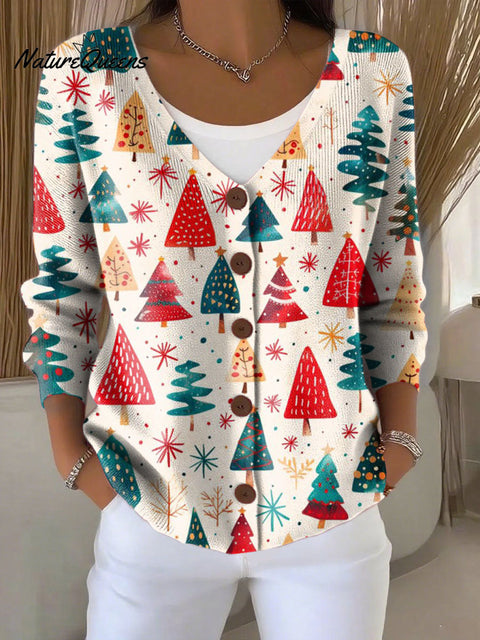 Christmas Tree Print Buttoned V-neck Cardigan Sweater