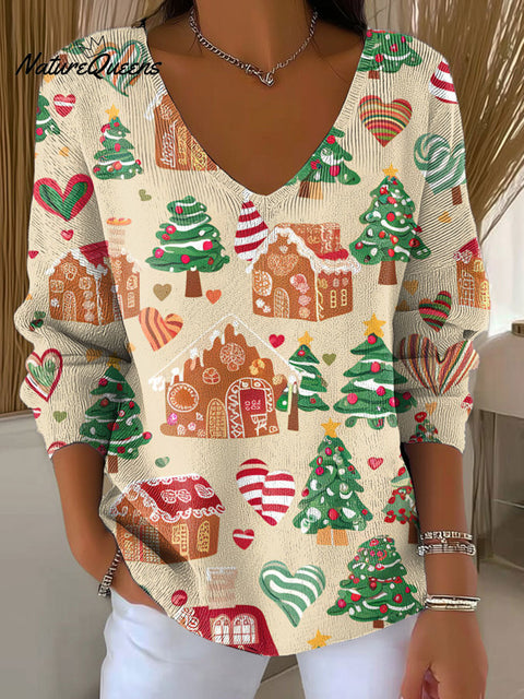 Women's Christmas Tree Gingerbread Pattern Print Casual Pullover Sweater
