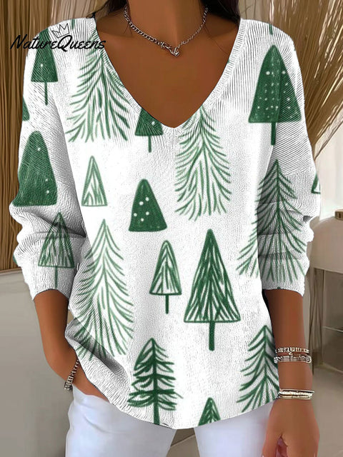Women's Christmas Tree Pattern Print Casual Pullover Sweater