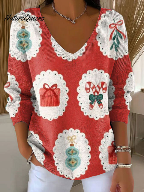 Women's Christmas Tree Gingerbread Pattern Print Casual Pullover Sweater