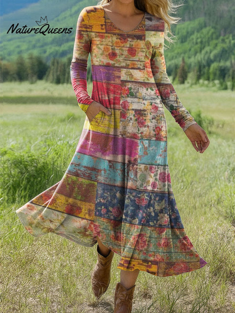 Women's Splicing Floral Print Art Print Long-sleeved Dress