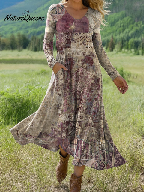 Women's Floral Print Art Print Long-sleeved Dress