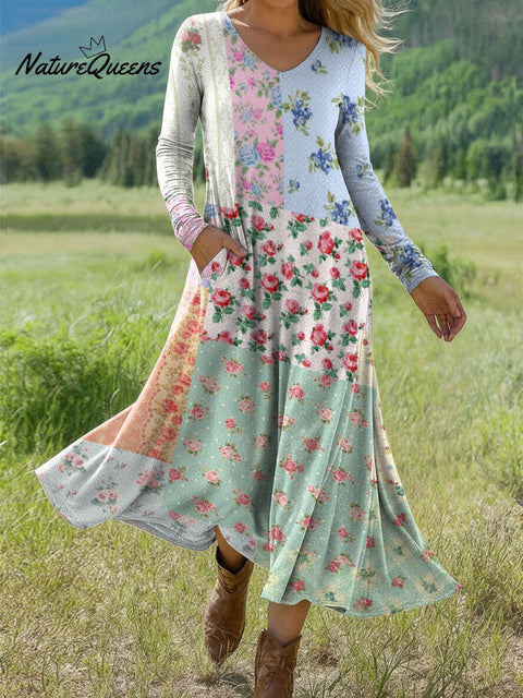 Women's Splicing Floral Print Art Print Long-sleeved Dress