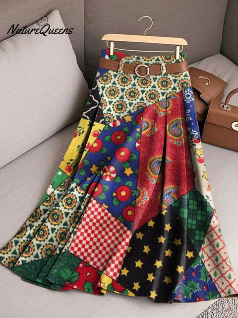 Women's Retro Splicing Flowers Pattern Casual Print Cotton Skirt