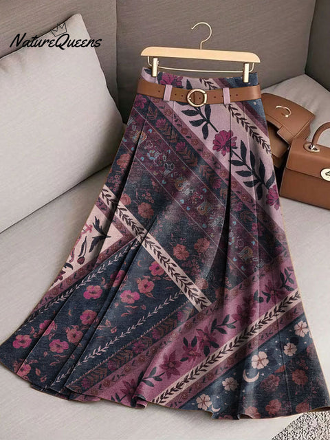 Women's Retro Splicing Flowers Pattern Casual Print Cotton Skirt