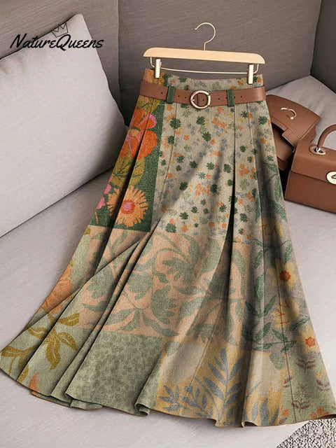 Women's Retro Splicing Flowers Pattern Casual Print Cotton Skirt