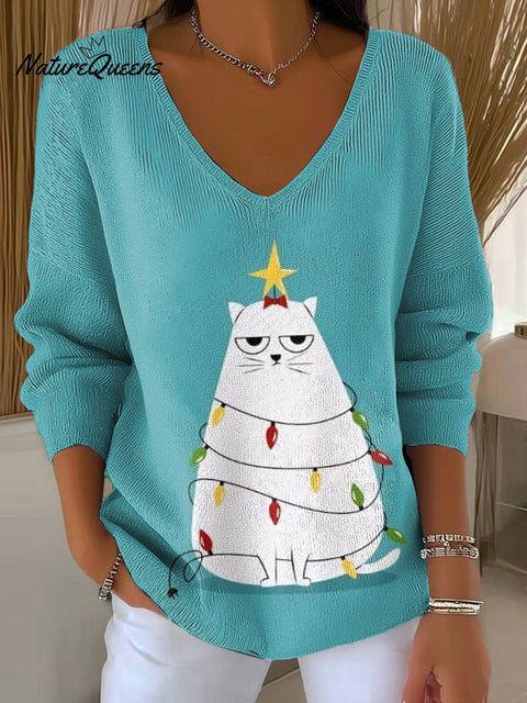 Women's Christmas Tree Cat Pattern Print Casual Pullover Sweater