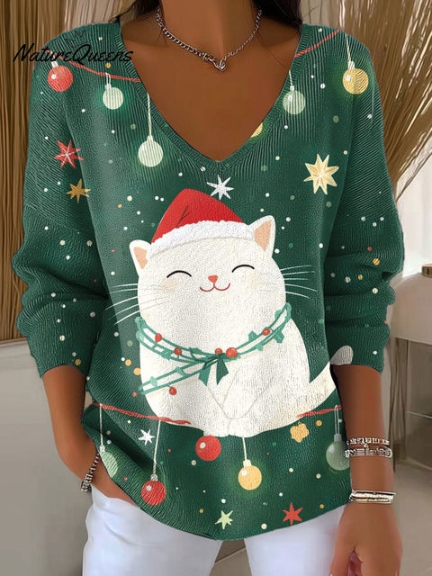 Women's Christmas Tree Cat Pattern Print Casual Pullover Sweater