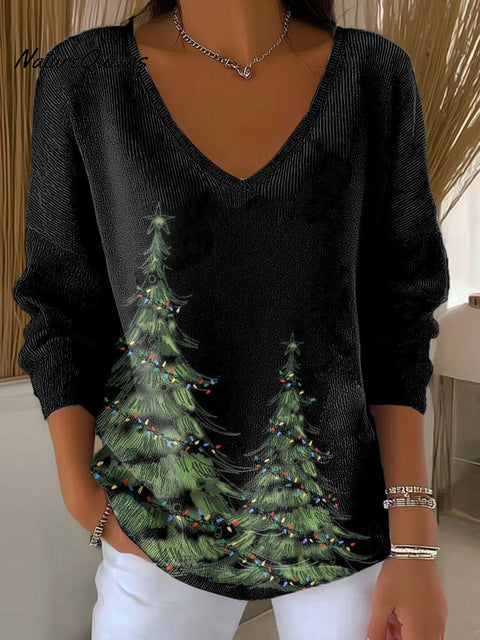 Women's Christmas Tree Pattern Print Casual Pullover Sweater