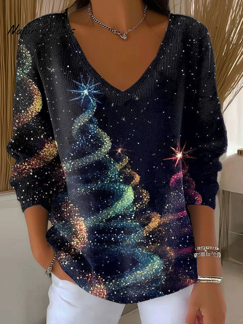 Women's Christmas Tree Pattern Print Casual Pullover Sweater