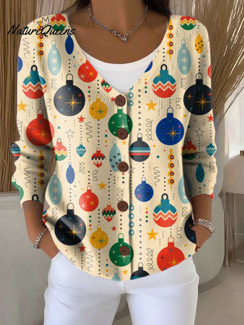 Christmas Lanterns Print Buttoned V-neck Cardigan Sweater