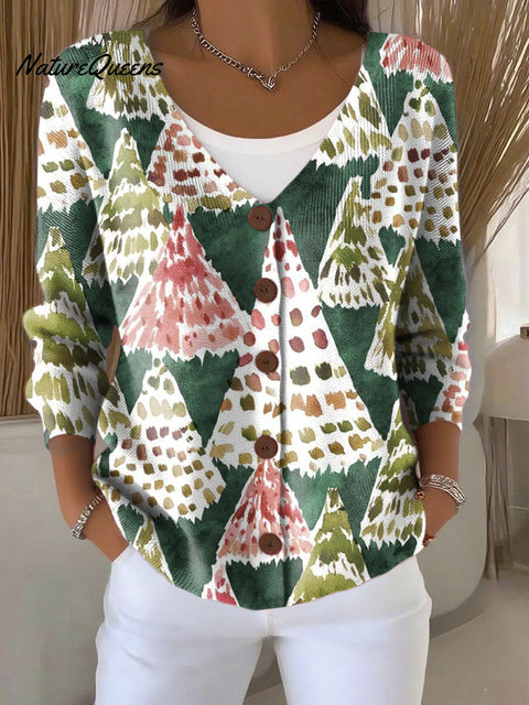 Christmas Tree Print Buttoned V-neck Cardigan Sweater
