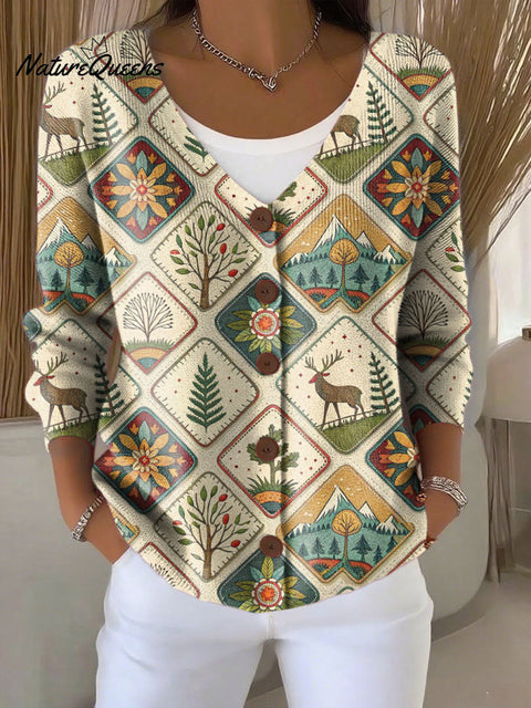 Christmas Retro Elk Christmas Tree Scenery Print Buttoned V-neck Cardigan Sweater