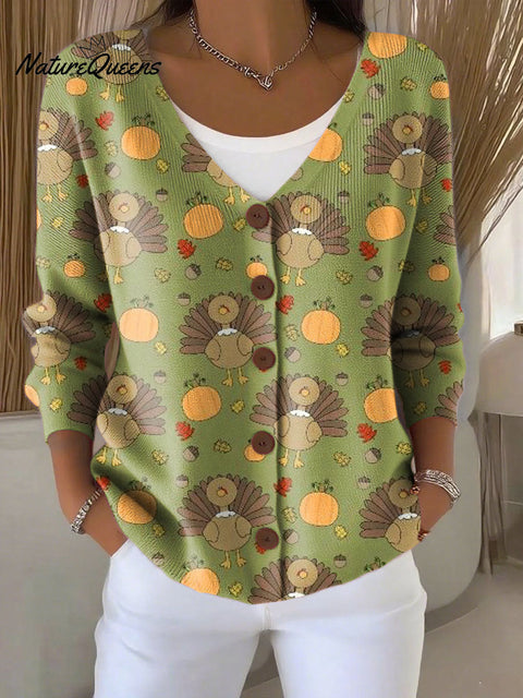 Thanksgiving Turkey Pumpkin Print Buttoned V-neck Cardigan Sweater