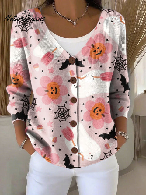 Halloween Pumpkin Ghost Spider Web Bats Print Buttoned V-neck Cardigan Sweater