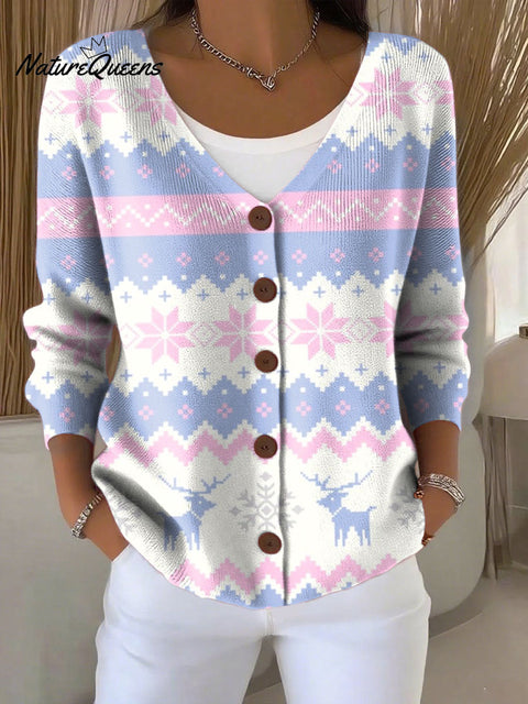 Christmas Loop Pattern Elk Snowflake Purple Print Buttoned V-neck Cardigan Sweater