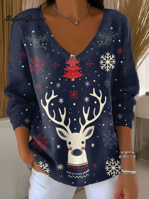 Women's Christmas Snowflake Elk Pattern Print Casual Pullover Sweater
