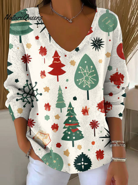 Women's Christmas Tree Pattern Print Casual Pullover Sweater