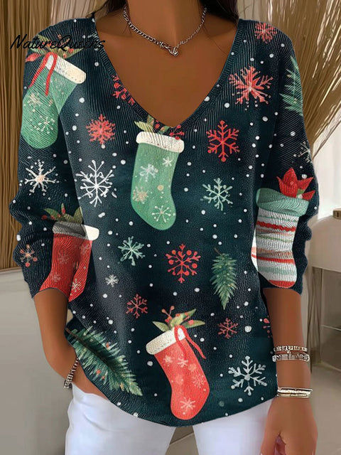 Women's Christmas Socks Snowflakes Pattern Print Casual Pullover Sweater