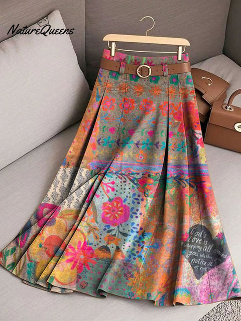 Women's Retro Boho Flowers Pattern Casual Print Cotton Skirt