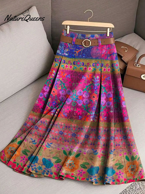 Women's Retro Boho Flowers Pattern Casual Print Cotton Skirt