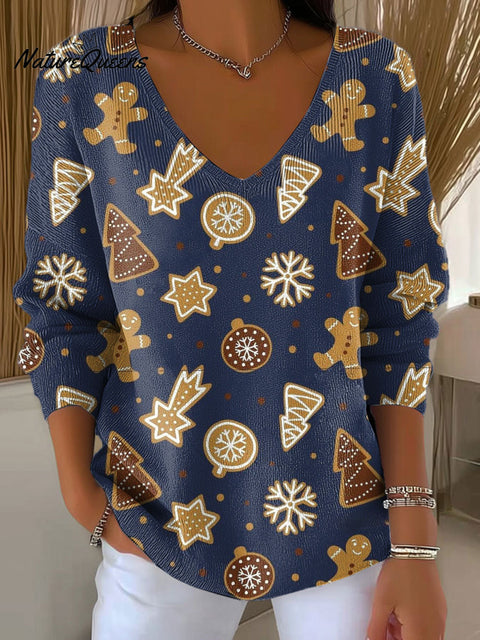 Women's Christmas Gingerbread Pattern Print Casual Pullover Sweater