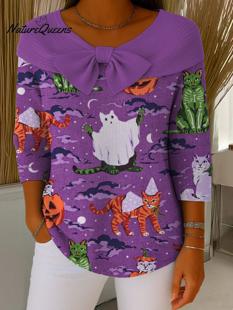 Halloween Ghost Cat Contrasting Colors Print Buttoned Cardigan Sweater