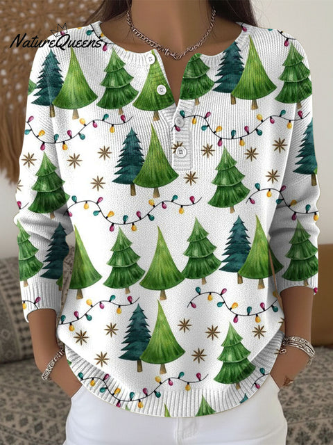 Women's Christmas Trees Pattern Art Print Buttoned Cardigan Sweater