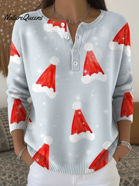 Women's Christmas Santa Hat Snowflakes Pattern Art Print Buttoned Cardigan Sweater