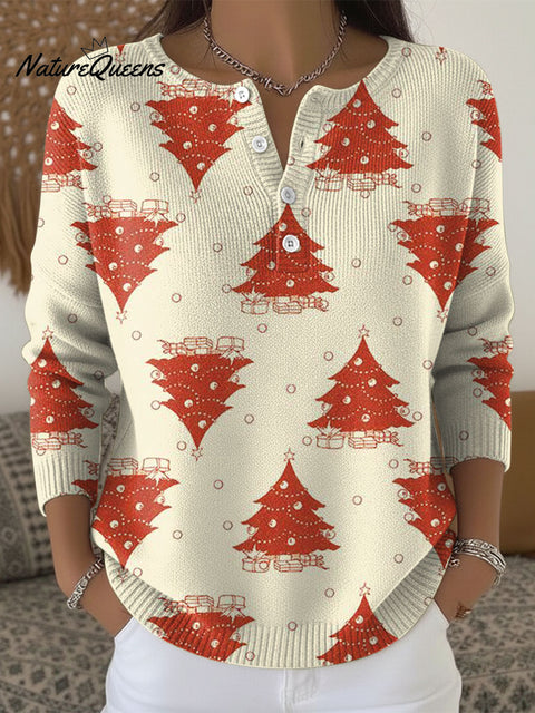 Women's Christmas Trees Pattern Art Print Buttoned Cardigan Sweater