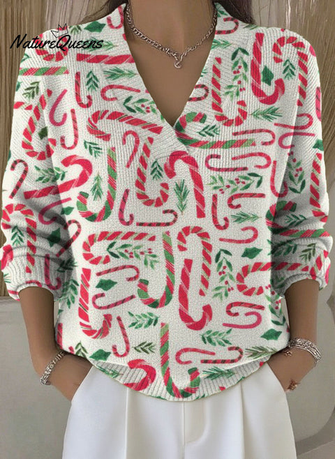 Women's Christmas Candy Cane Pattern Art Print Buttoned Cardigan Sweater