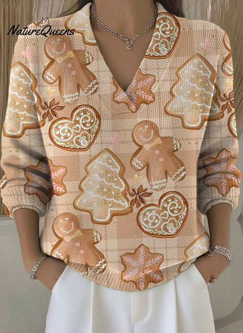 Women's Christmas Trees Candy Gingerbread Man Pattern Art Print Buttoned Cardigan Sweater