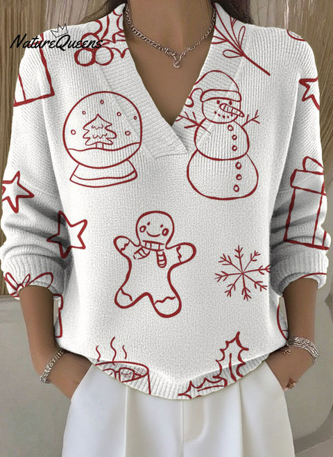 Women's Christmas Balls Gingerbread Man Snowman Snowflakes Pattern Art Print Buttoned Cardigan Sweater